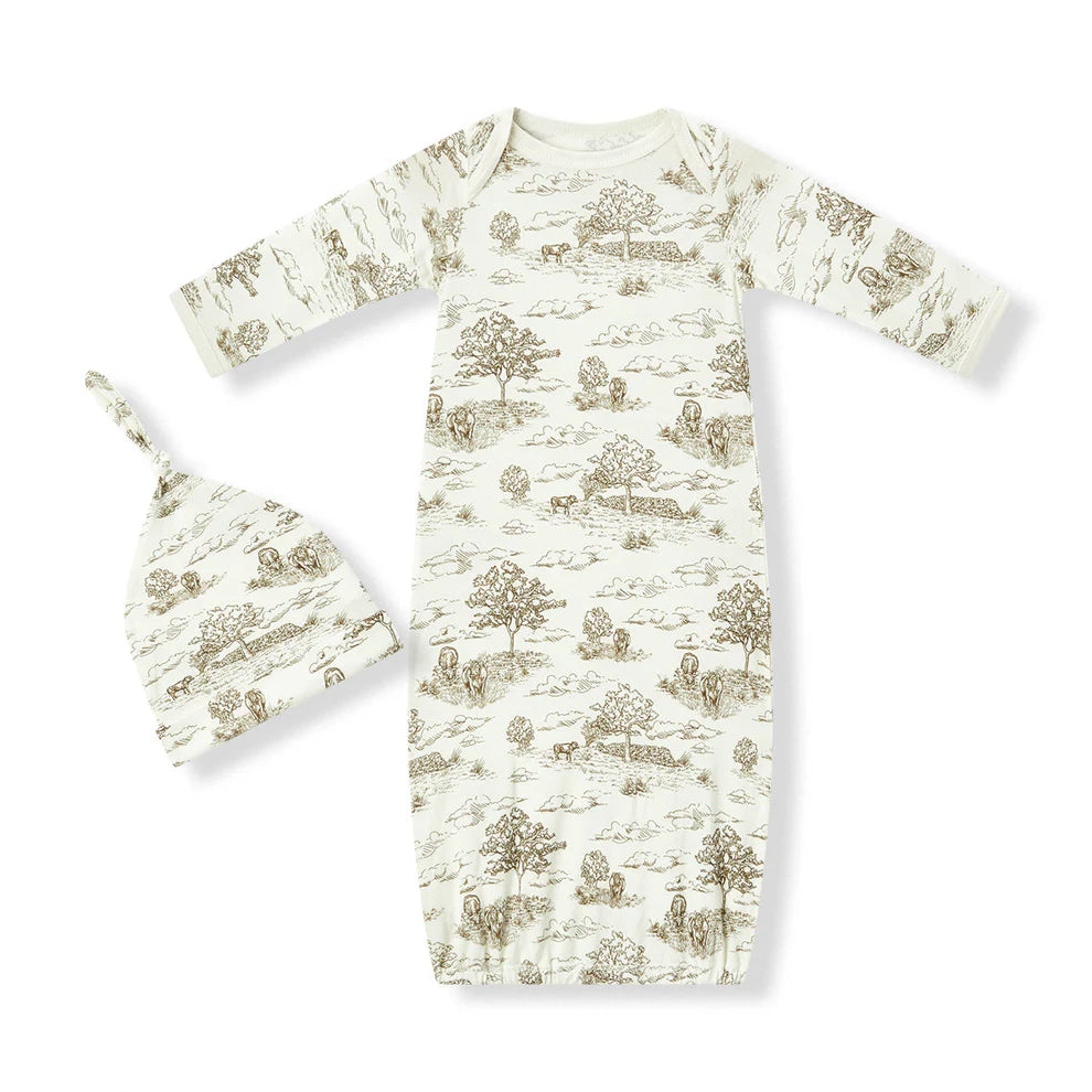 Milkbarn Country Toile Luxe Stretch Newborn Gown & Hat Set