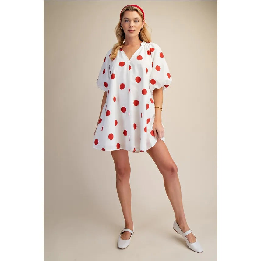 Polka Dot Puff-Sleeve Mini Shift Dress