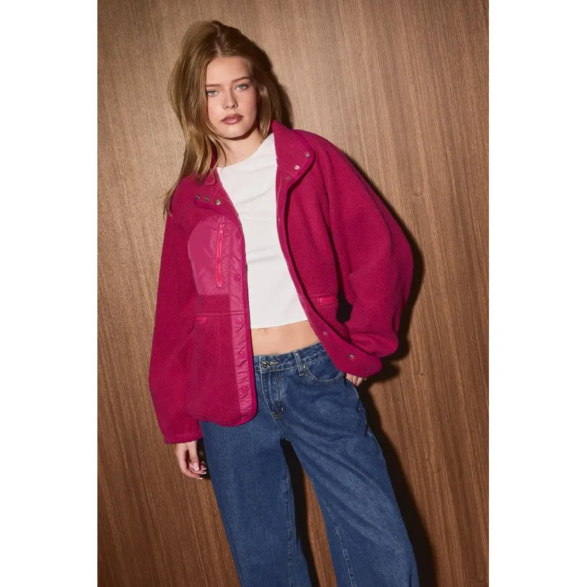 Oversized Sherpa Fleece Snap Front Pocket Jacket