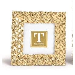 Three woven photo frames with a central 'T' logo on a white background