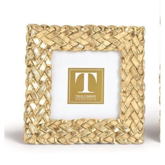 Three woven photo frames with a central 'T' logo on a white background
