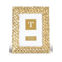Three woven gold picture frames with a central 'T' on a white background