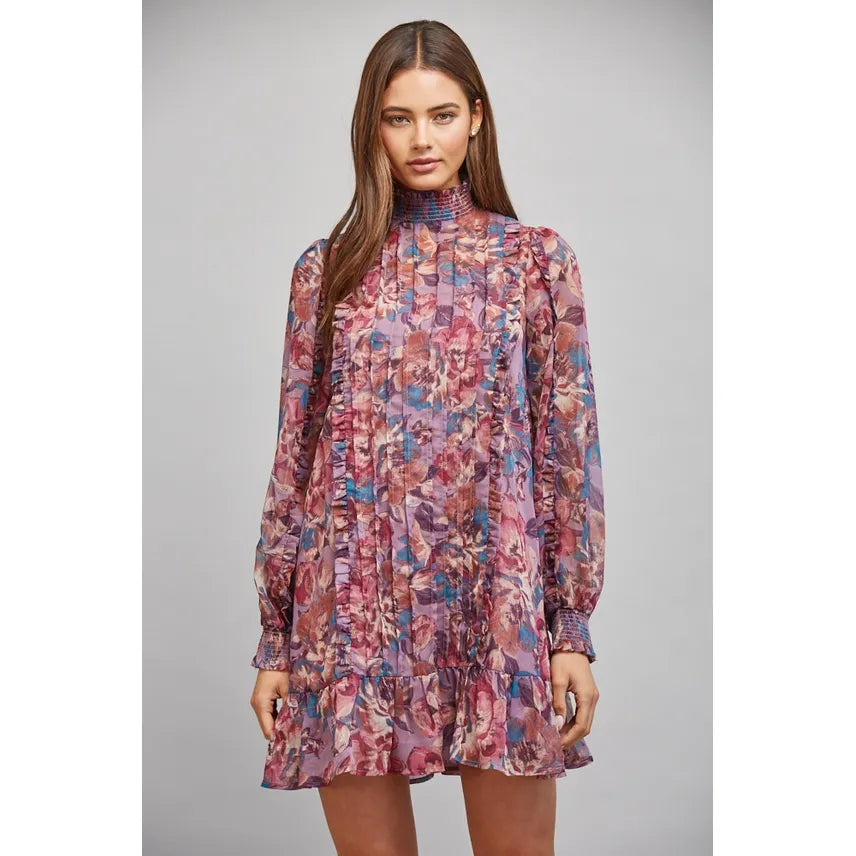 Floral Print Pleat & Ruffle Detailing Bodice Flared Dress