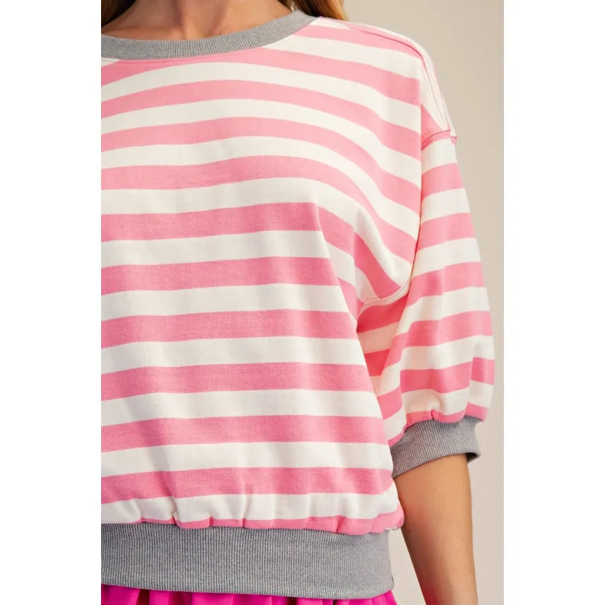 Pink Striped Bubble Sleeve Sweatshirt