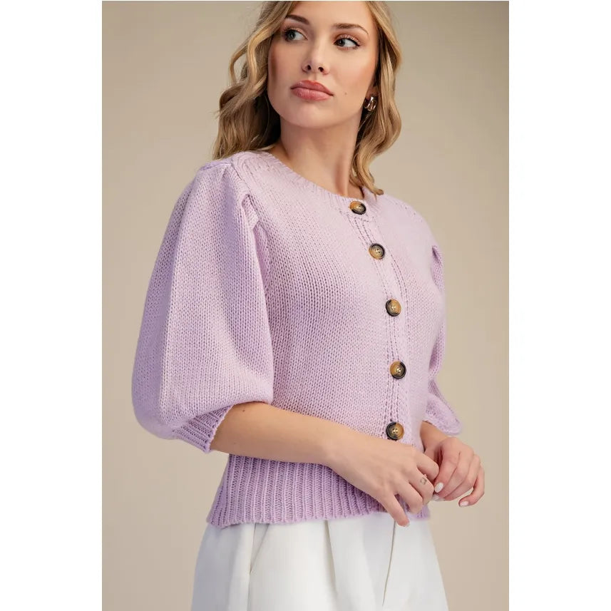 Short Puff Sleeve Button Down Sweater