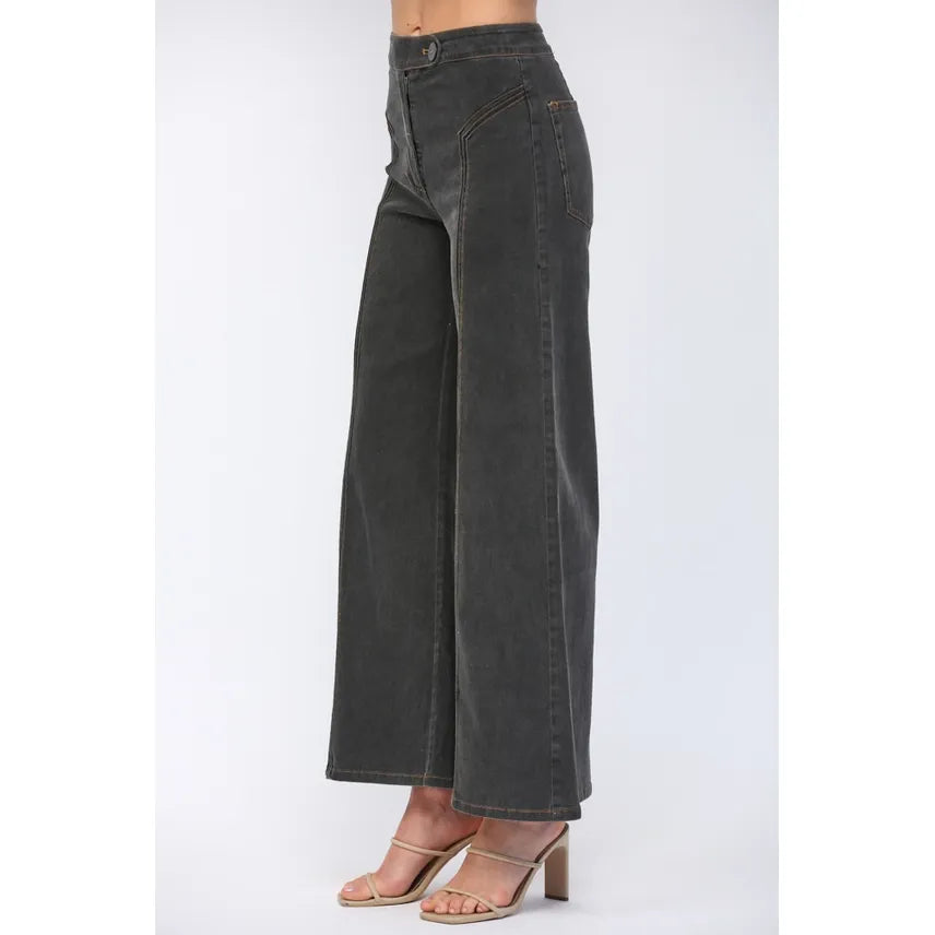 Contrast Topstitching High-Waisted Flare Pants