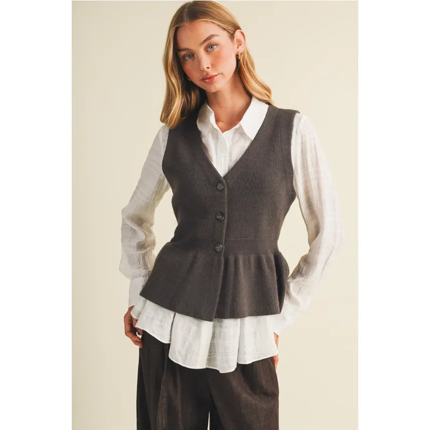 Rib Knit Peplum Button-Front Vest
