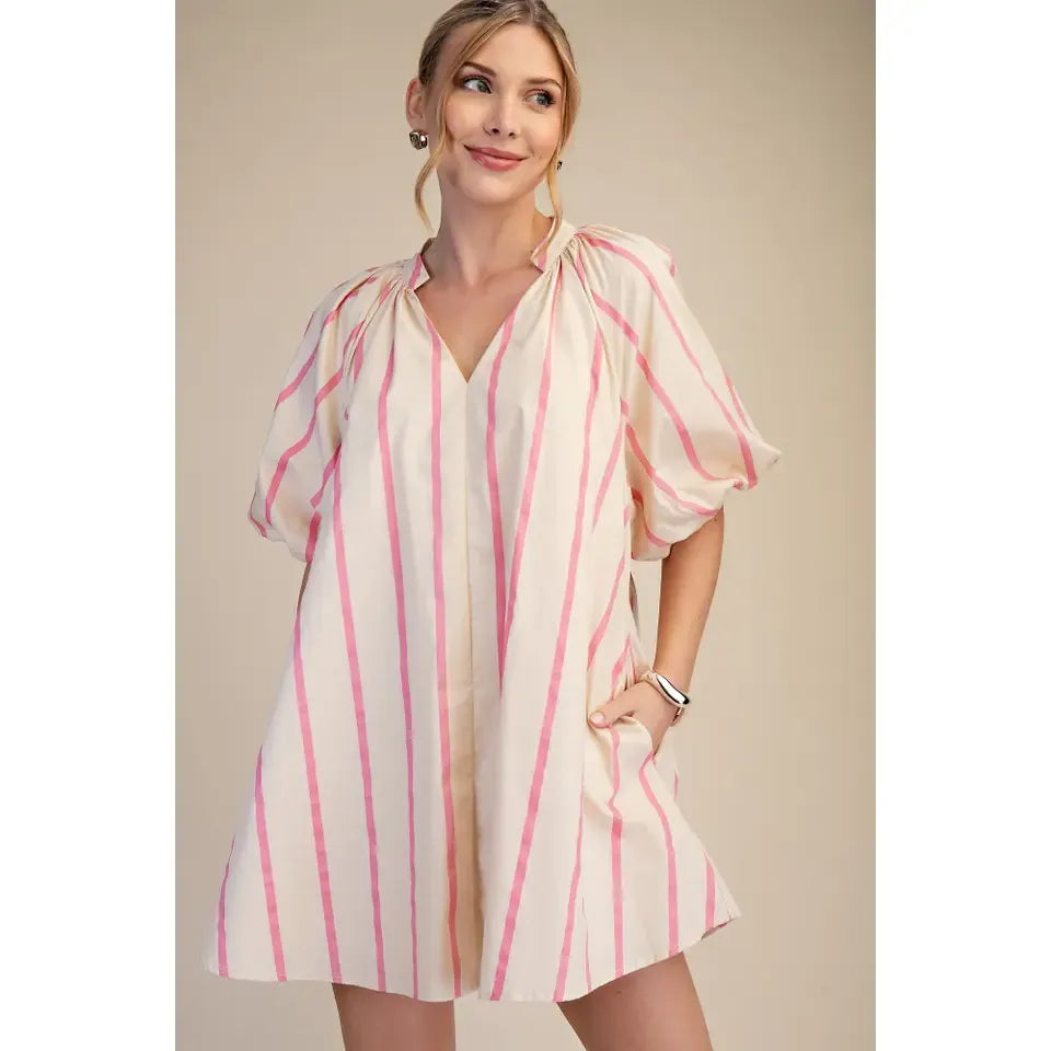 Puff-Sleeve Mini Shift Dress