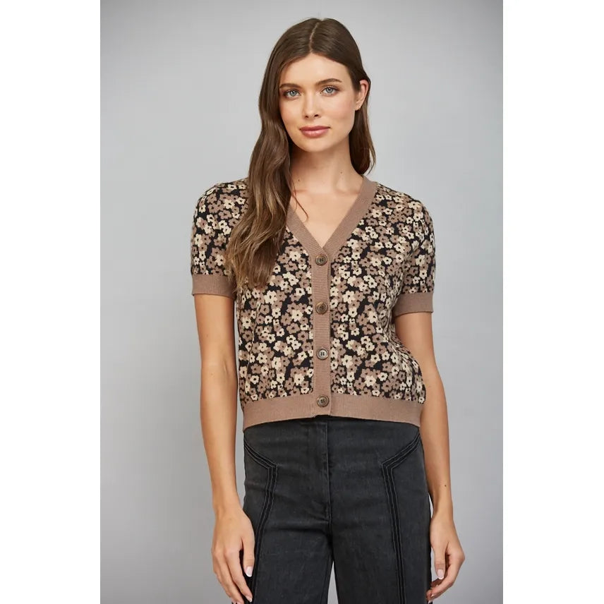 Floral Pattern Jacquard Knit V-Neckline Cardigan