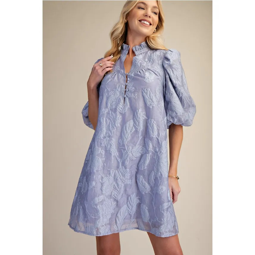Dusty Blue Ruffled Neck with Volume Sleeve Dress