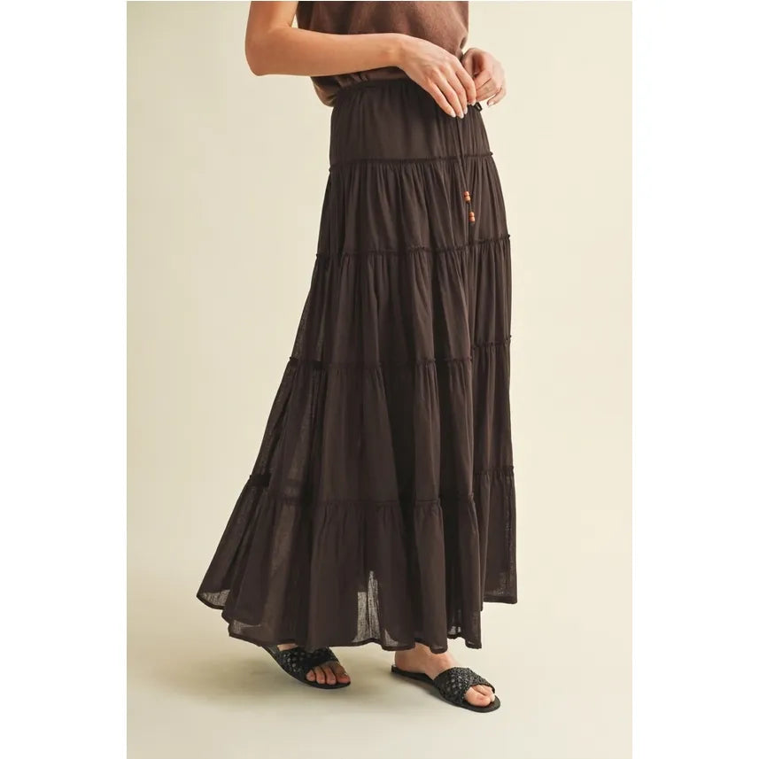 Beaded Drawstring Tiered Maxi Skirt