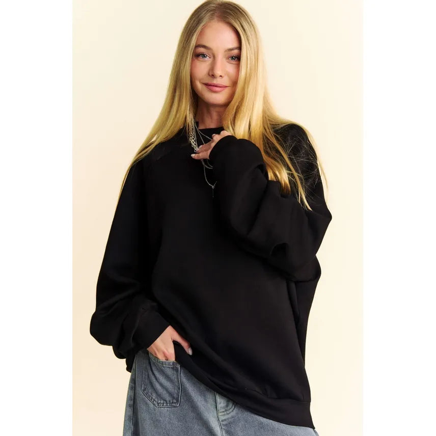 PLUS Solid Round Neck Long Puff Sleeve Loose Fit Top