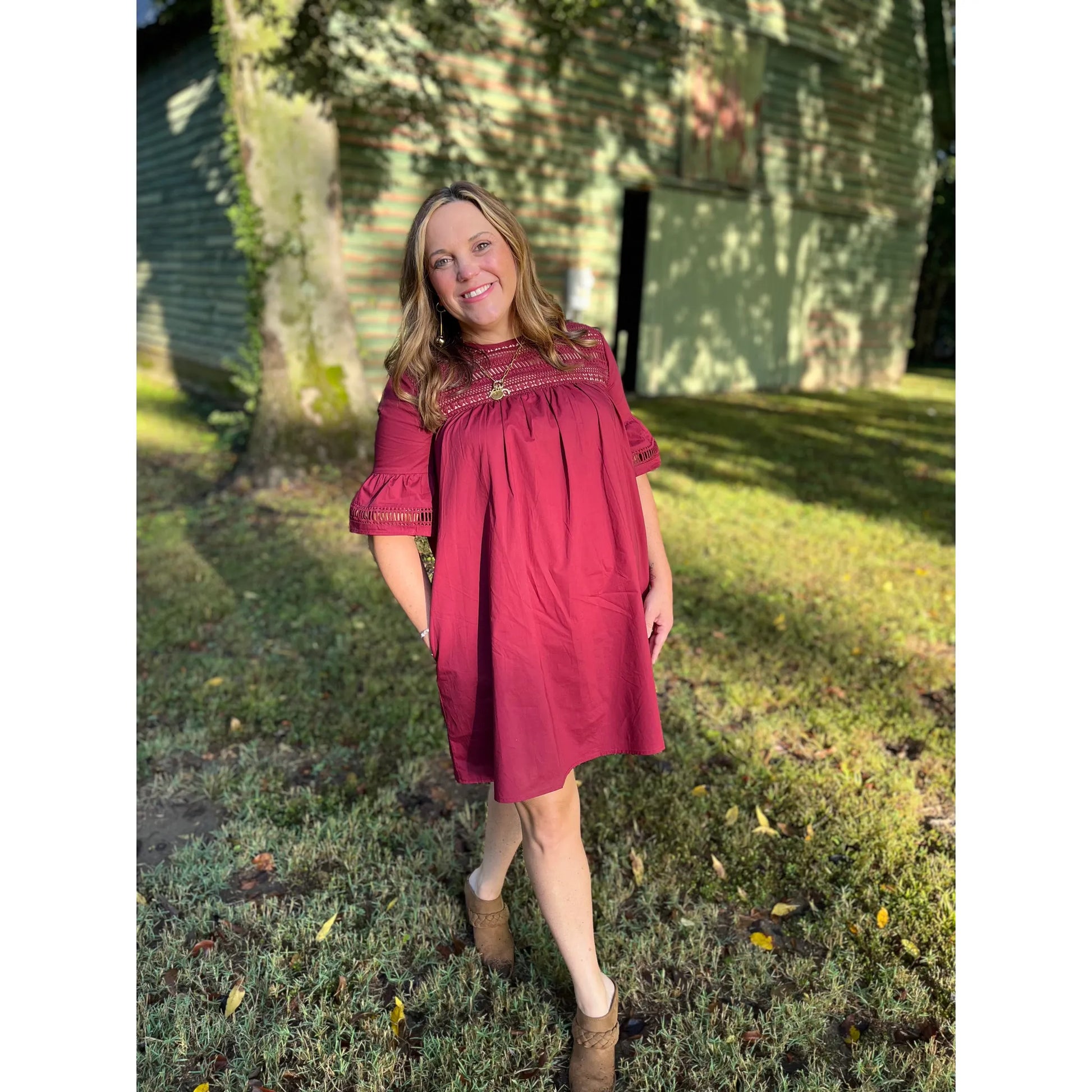 Look stunning this fall in the Fall Favorite Mini Dress! It comes in a beautiful and classic burgundy color and features a detailed bodice, perfect for those special fall photos. This dress will definitely become your go-to for all of your autumn occasions!  Abi is wearing a size large.