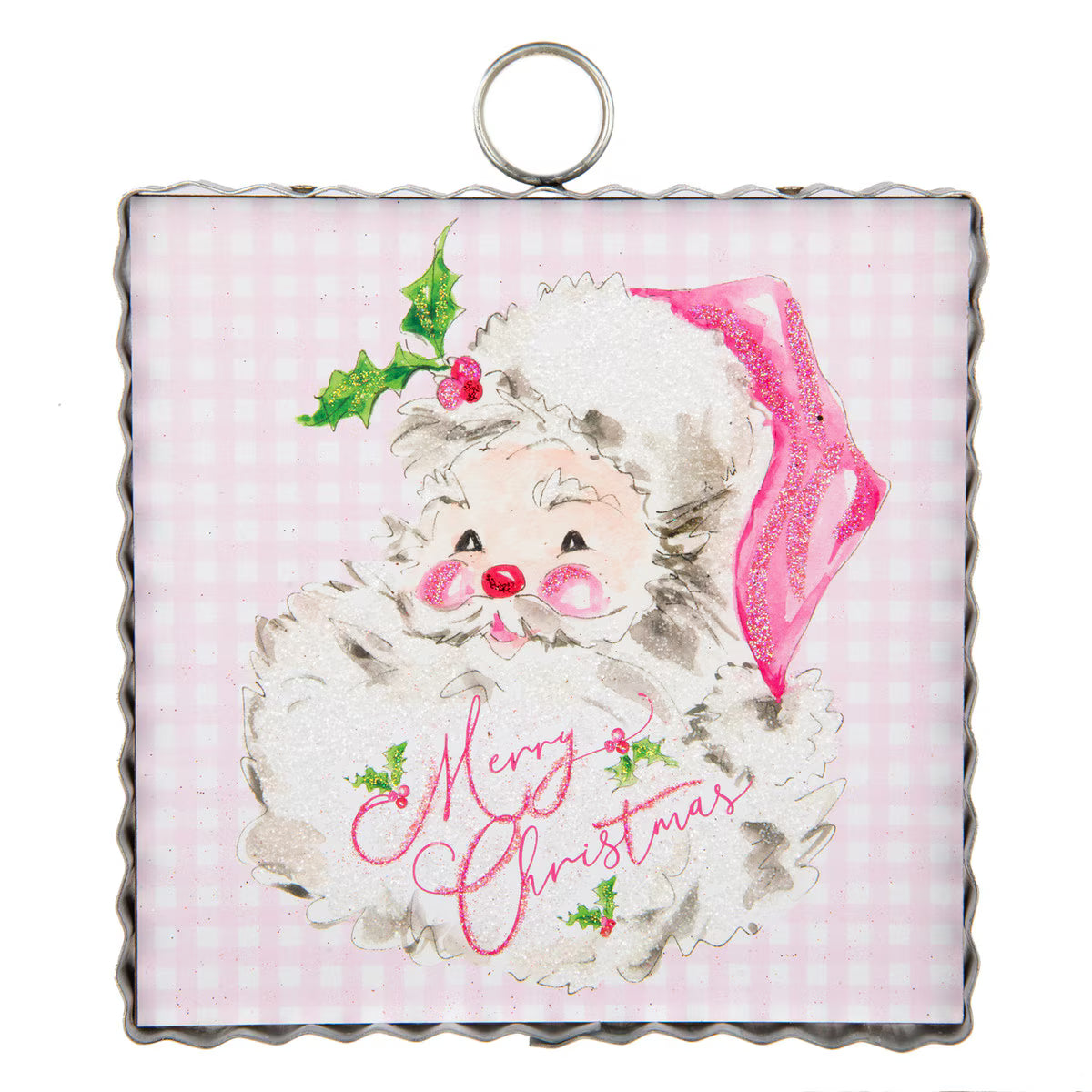 A square Christmas ornament with a scalloped silver metal border and a hanging loop at the top. The ornament features a watercolor-style illustration of Santa Claus with a fluffy white beard, pink hat, and green holly accents on a light pink gingham background, with 'Merry Christmas' written in pink script.