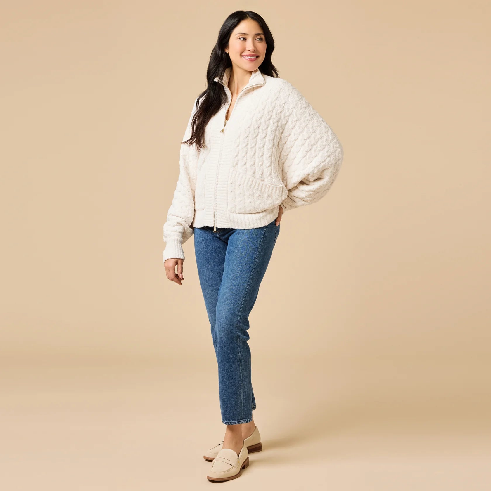 Softies Cable Knit Marshmallow Funnel Neck Double Zip Jacket