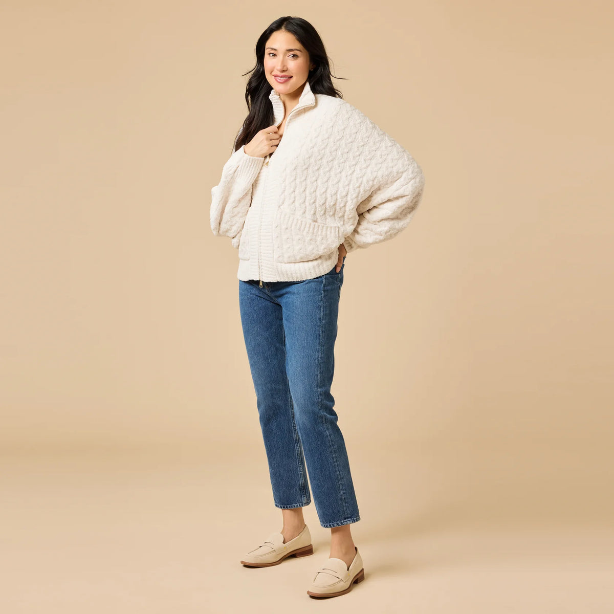 Softies Cable Knit Marshmallow Funnel Neck Double Zip Jacket