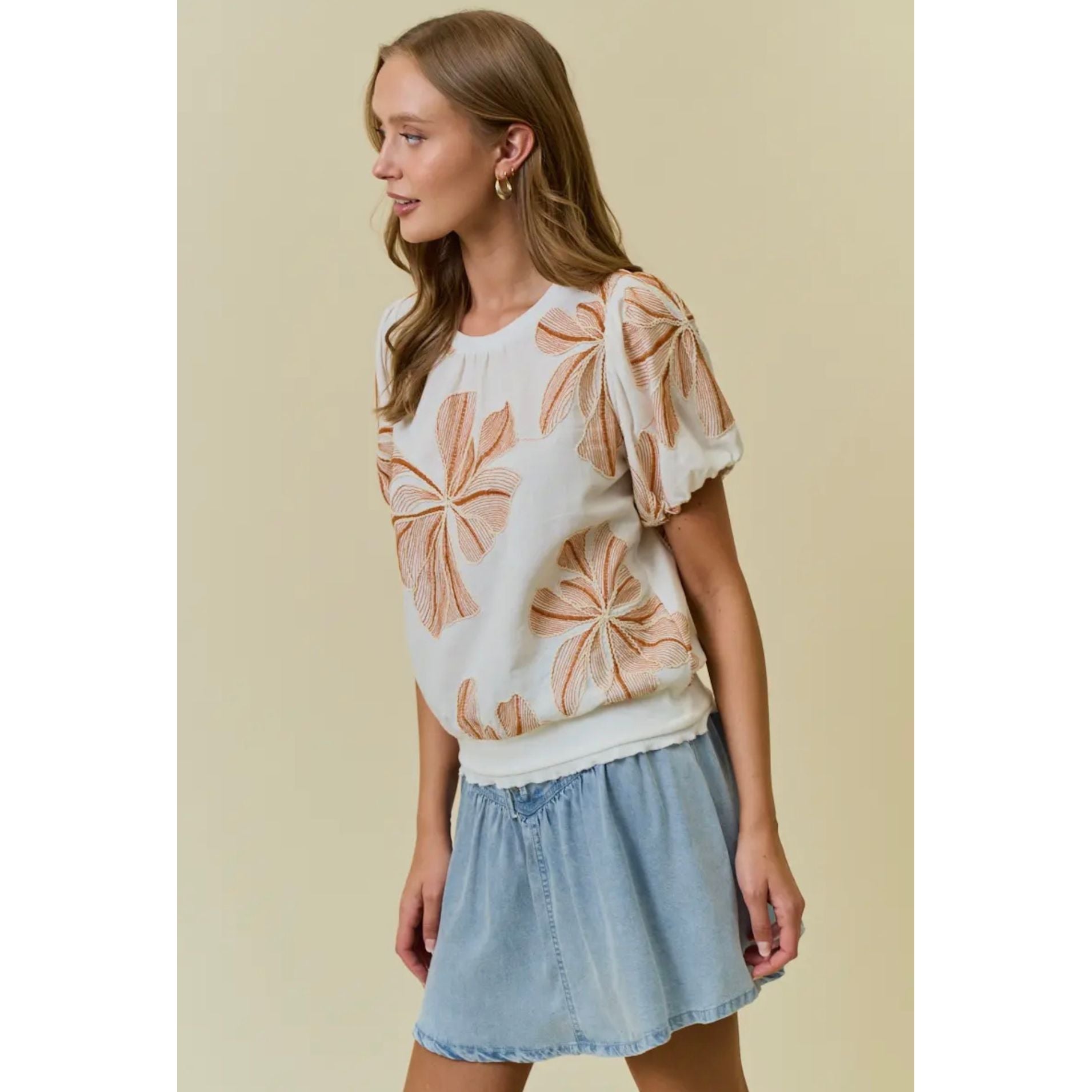 Floral Embroidery Puff Sleeve Top