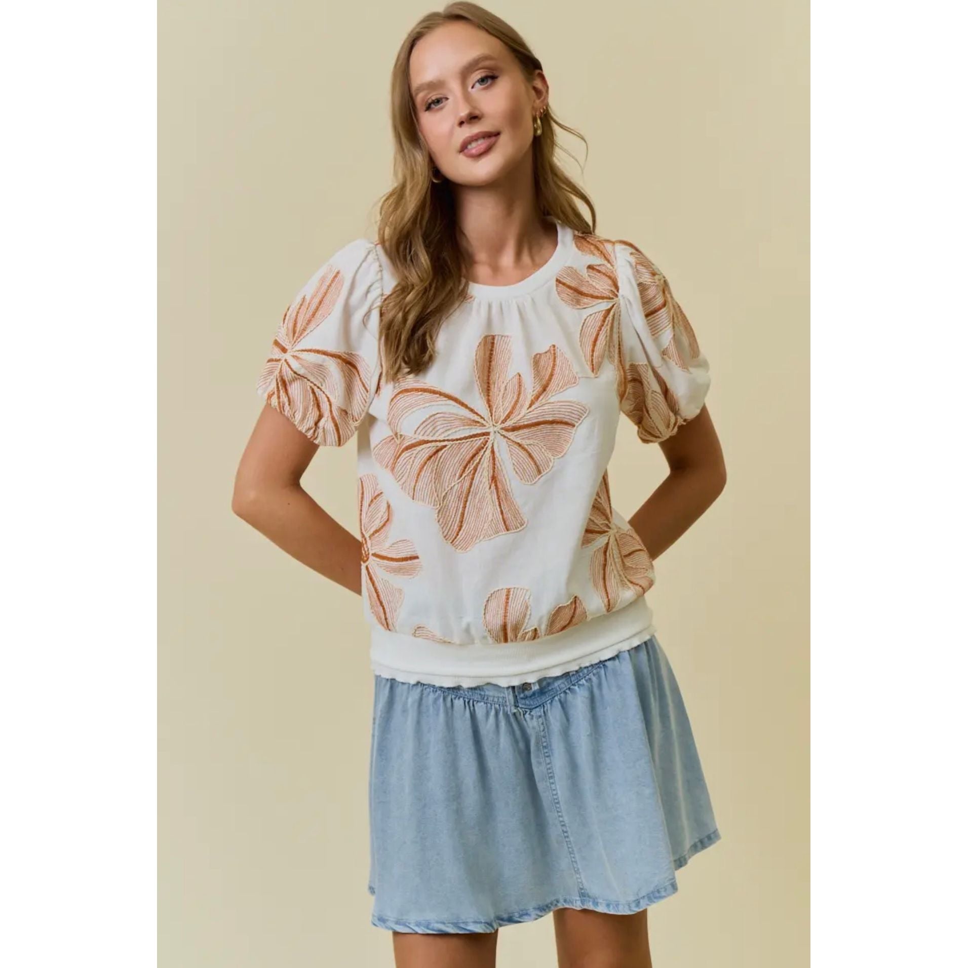 Floral Embroidery Puff Sleeve Top