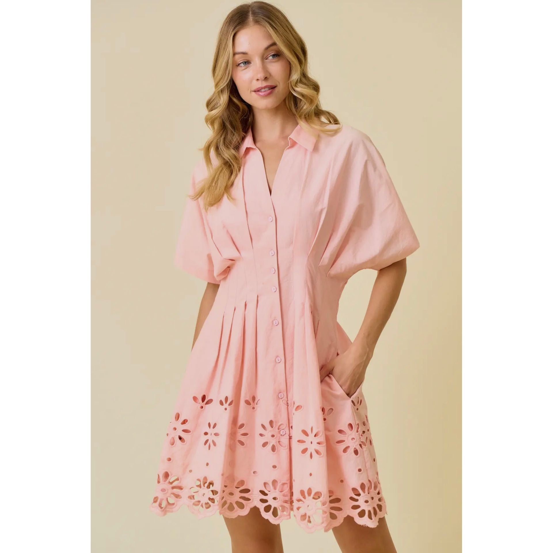 Scallop Embroidery Waist-Defining Mini Dress