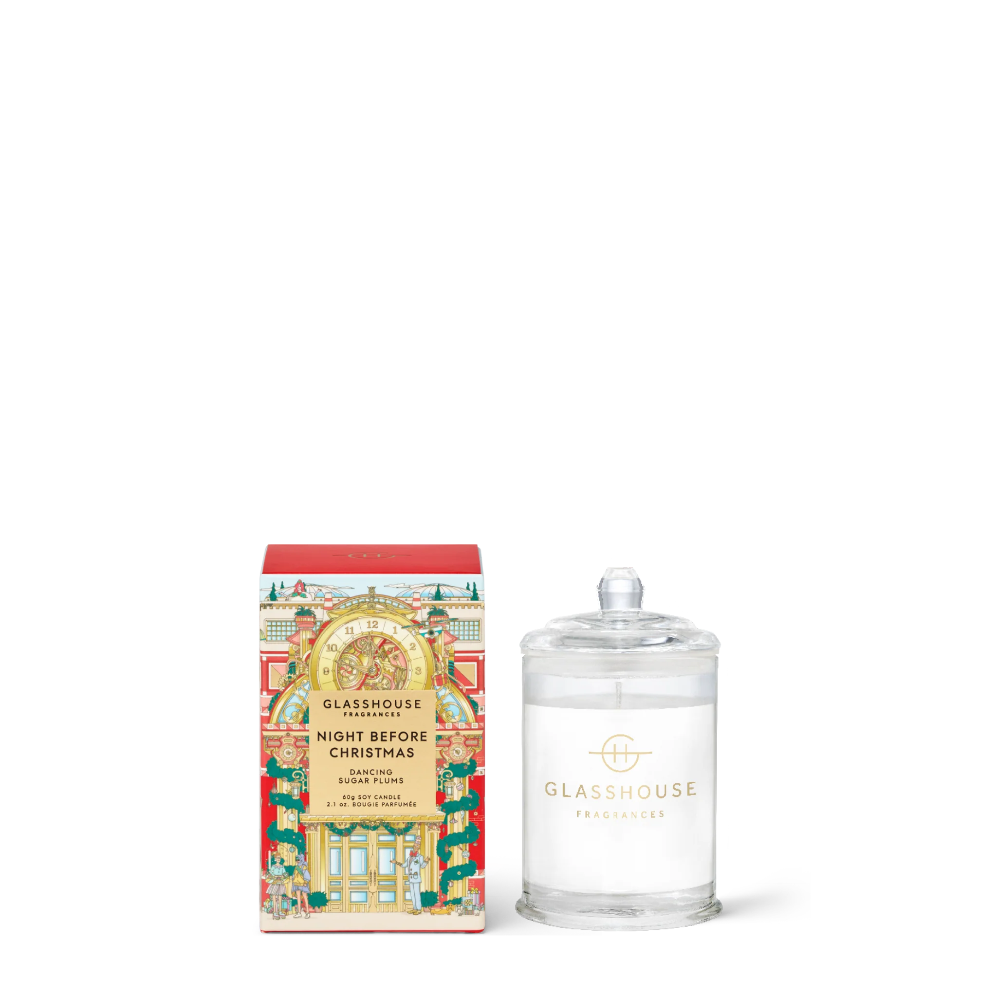 Glasshouse candle with decorative packaging on a white background