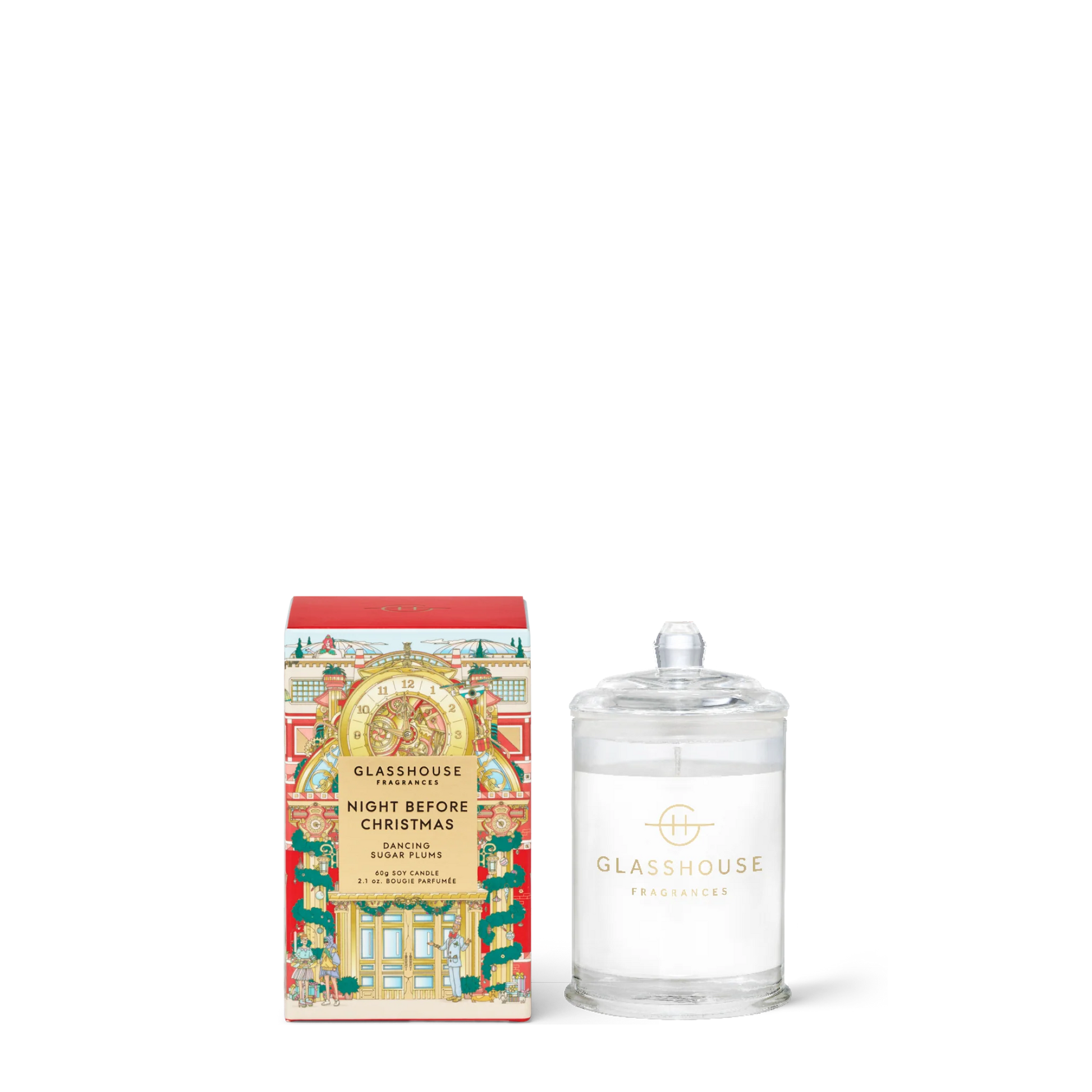 Glasshouse candle with decorative packaging on a white background