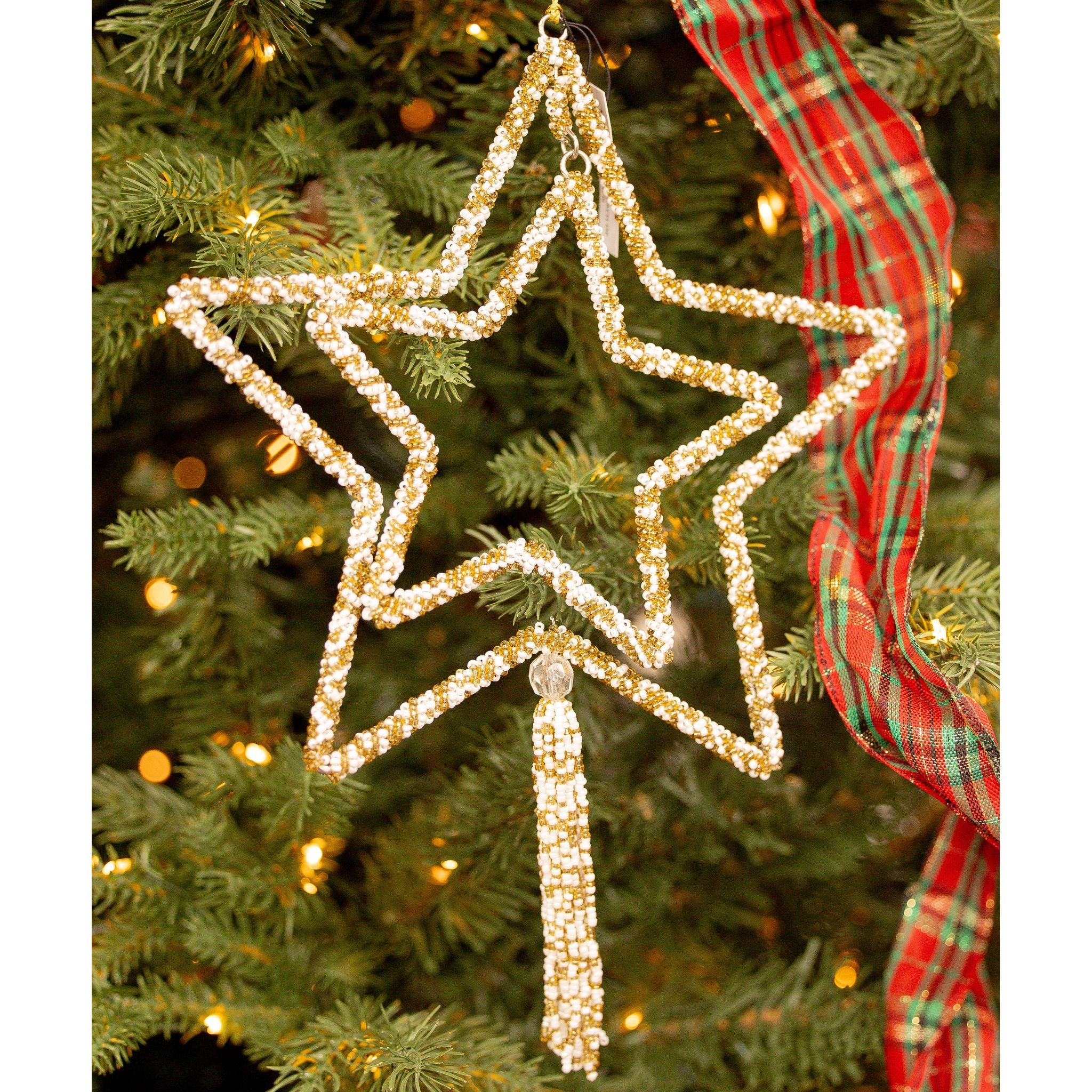 White & Gold Finish Glass Beaded Metal Star Ornament with Tassel