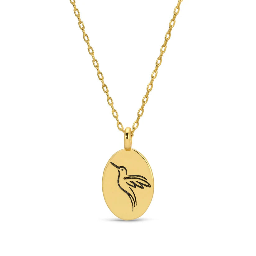 Etched Hummingbird Oval Pendant Necklace