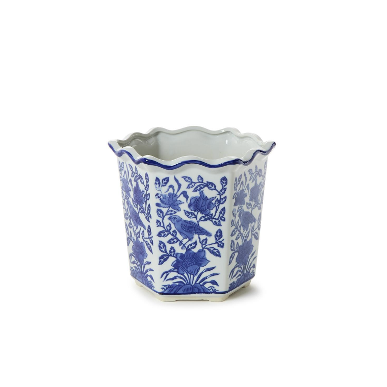 Blue Willow Hand-Painted Chinoiserie Blue and White Floral Hexagon Shape Planters