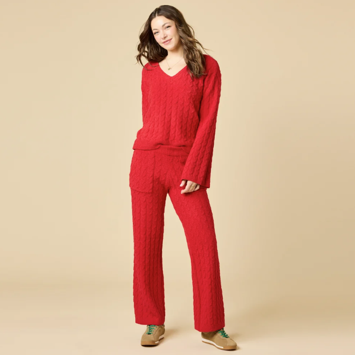 Softies Cable Knit Marshmallow V-Neck with Flared Sleeve and Pant