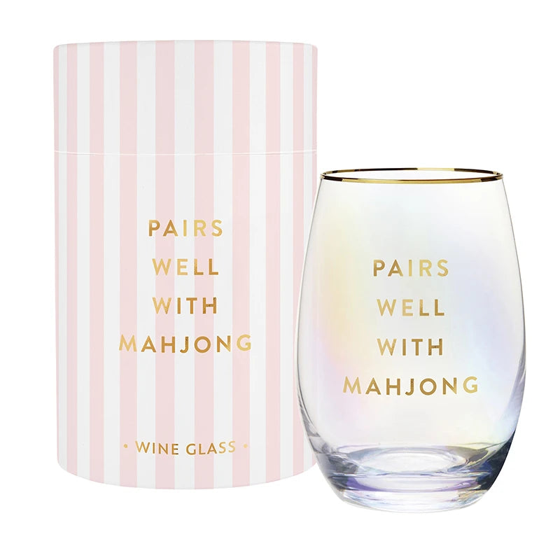 Pairs Well with Mahjong Gold Foil Stemless Wine Glass