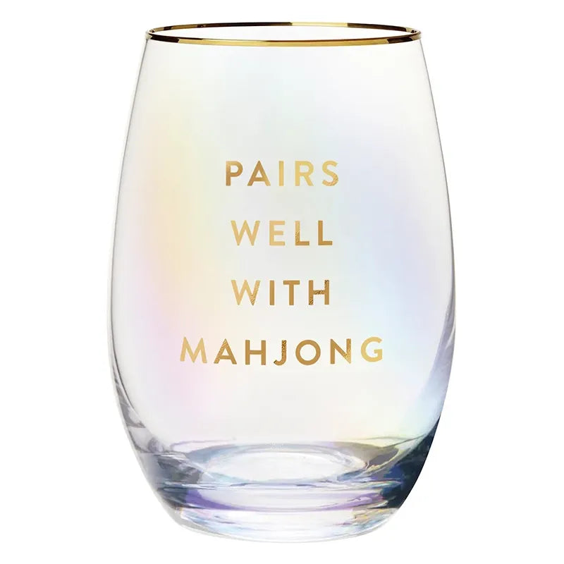 Pairs Well with Mahjong Gold Foil Stemless Wine Glass