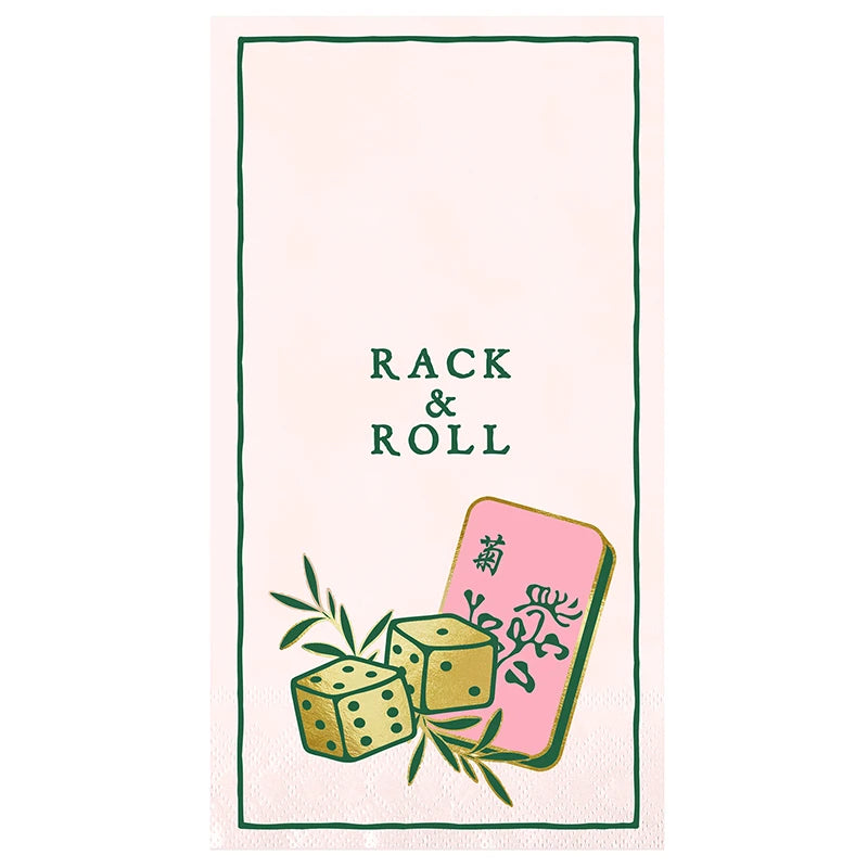 Towel with dice design and 'Rack & Roll' text on a pink background