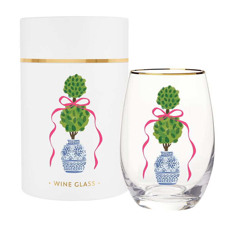 Gold Foil Stemless Wine Glass - Topiary + Pink Bow
