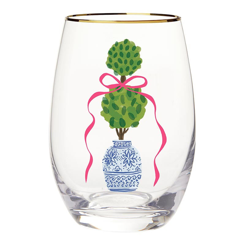 Gold Foil Stemless Wine Glass - Topiary + Pink Bow