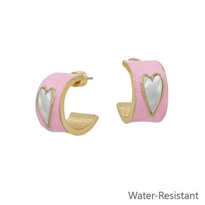 Pink Epoxy Hoop with White Heart Earring