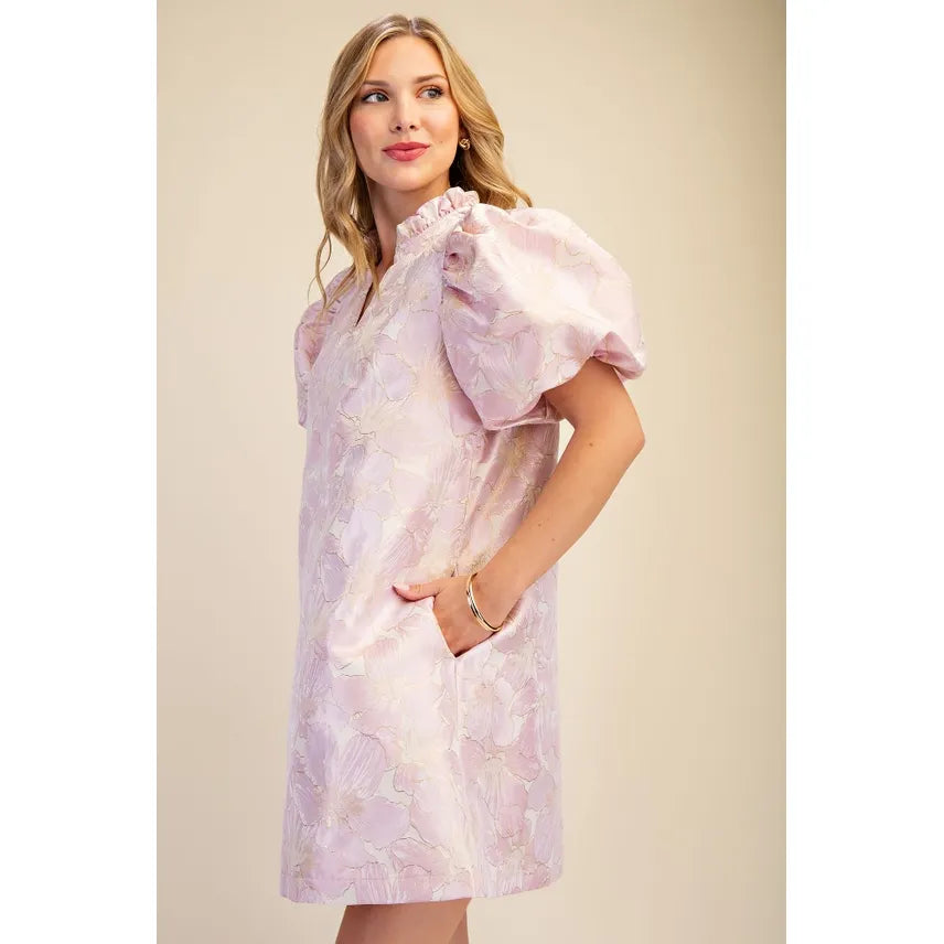 Ruffle V-Neck Puff Sleeve Mini Dress