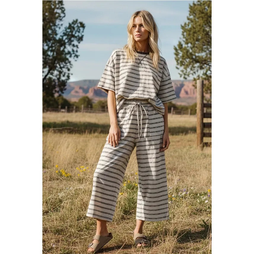 Striped Relaxed Fit Knit Top and Wide Leg Pant Set