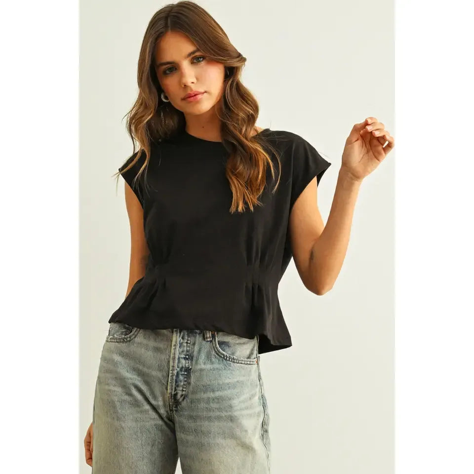 Round Neck Waist Detailed Cap Sleeve Top