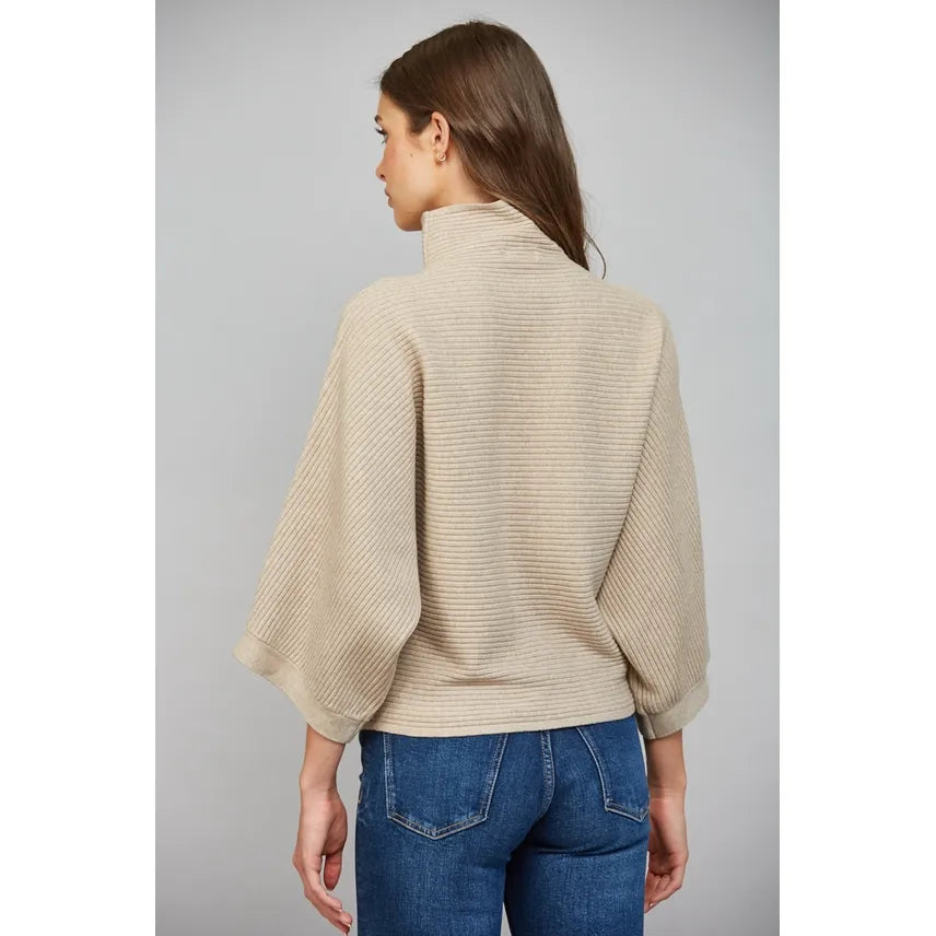 Horizontal Textured Ribbed Knit Mock Neck Sweater