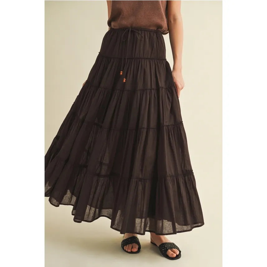 Beaded Drawstring Tiered Maxi Skirt