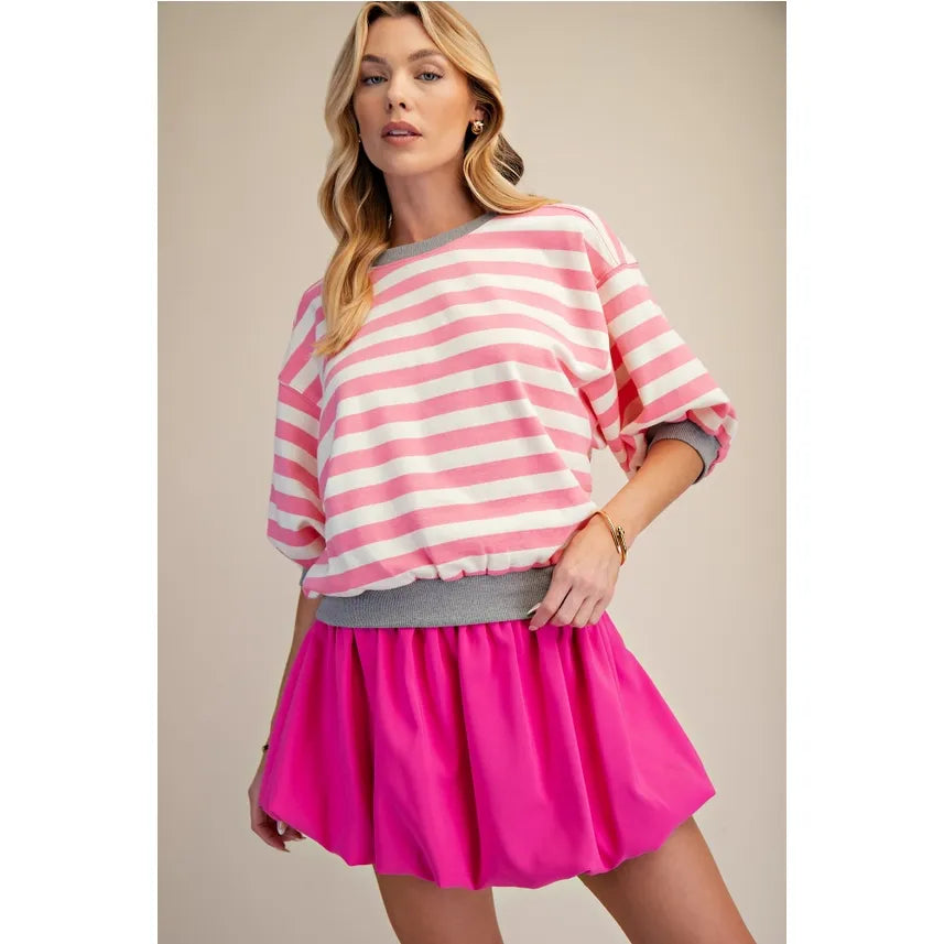 Pink Striped Bubble Sleeve Sweatshirt