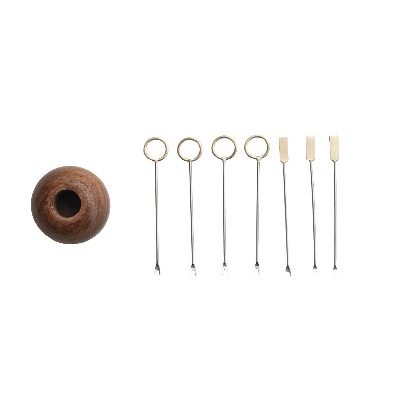 Mango Wood Holder w/ (8) Stainless Steel & Brass Appetizer Picks, Set of 9