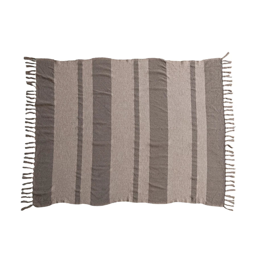 Beige & Brown Woven Recycled Cotton Blend Throw with Stripes & Fringe