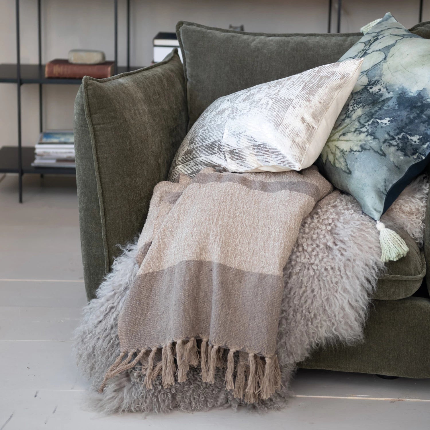 Beige & Brown Woven Recycled Cotton Blend Throw with Stripes & Fringe