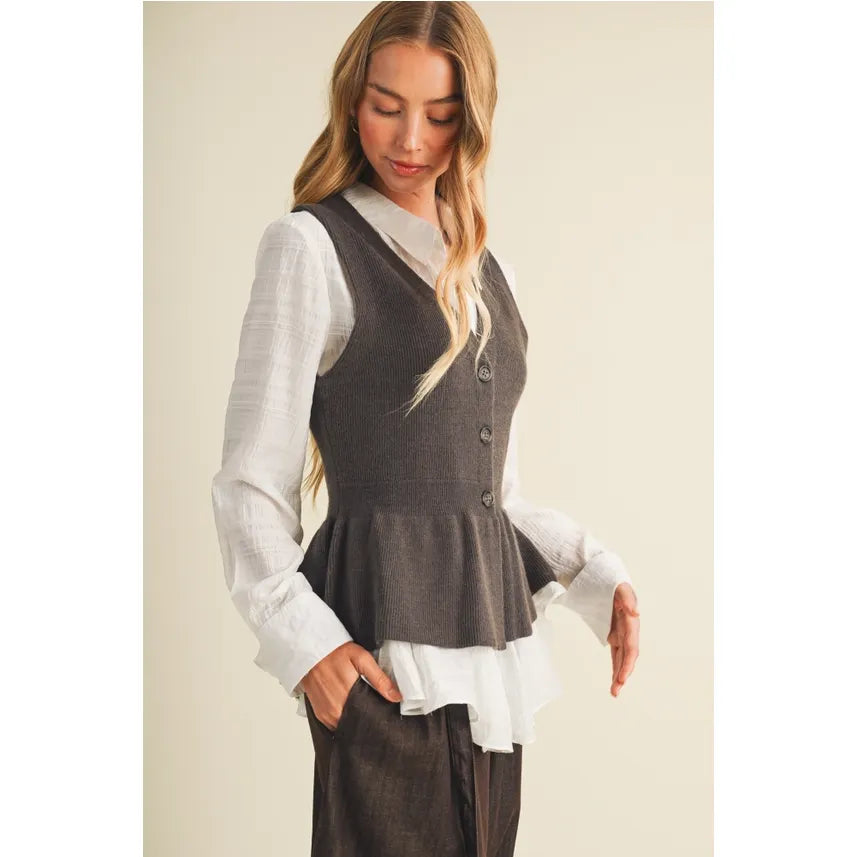 Rib Knit Peplum Button-Front Vest