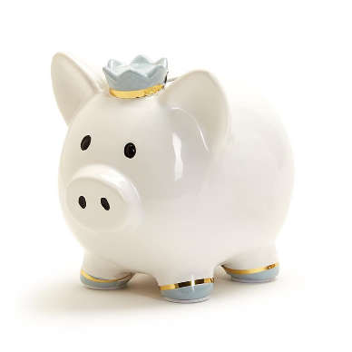 Two white piggy banks with decorative crowns on a white background