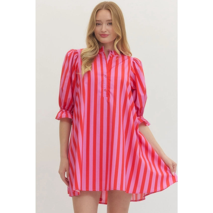Striped Puff Sleeve Mini Dress with Bow