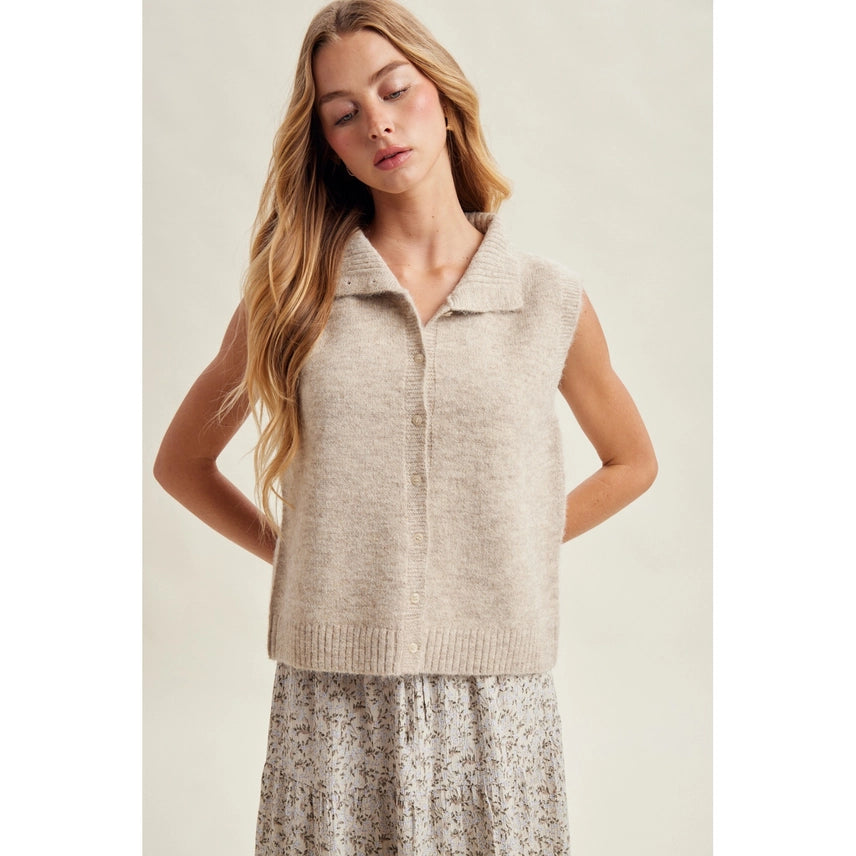 Soft Button Front Collared Sweater Vest