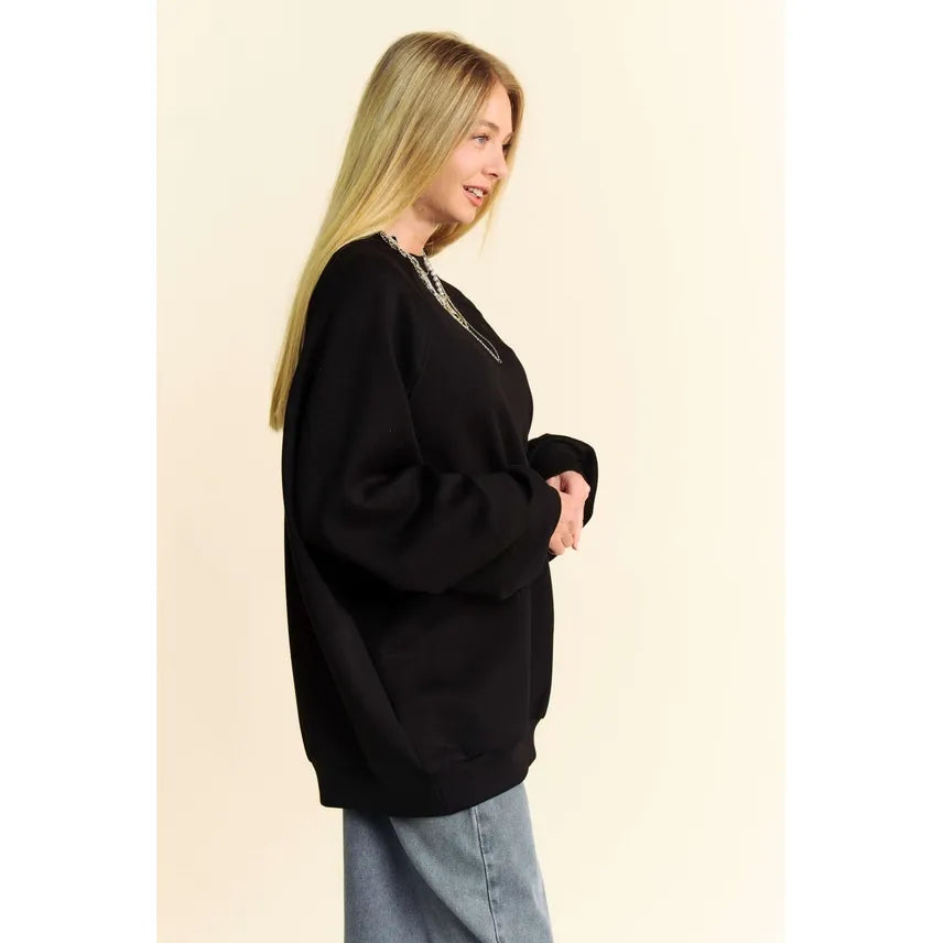 PLUS Solid Round Neck Long Puff Sleeve Loose Fit Top