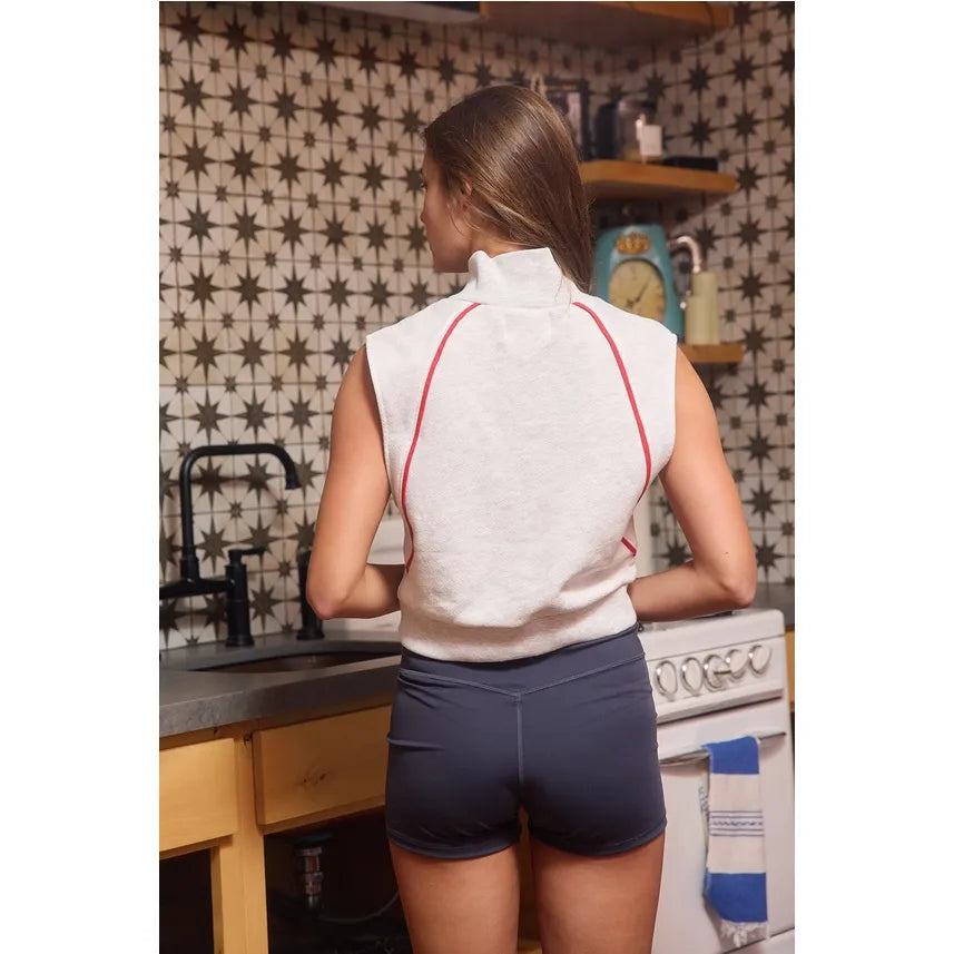Retro Track-Line Half-Zip Cropped Terry Vest Top